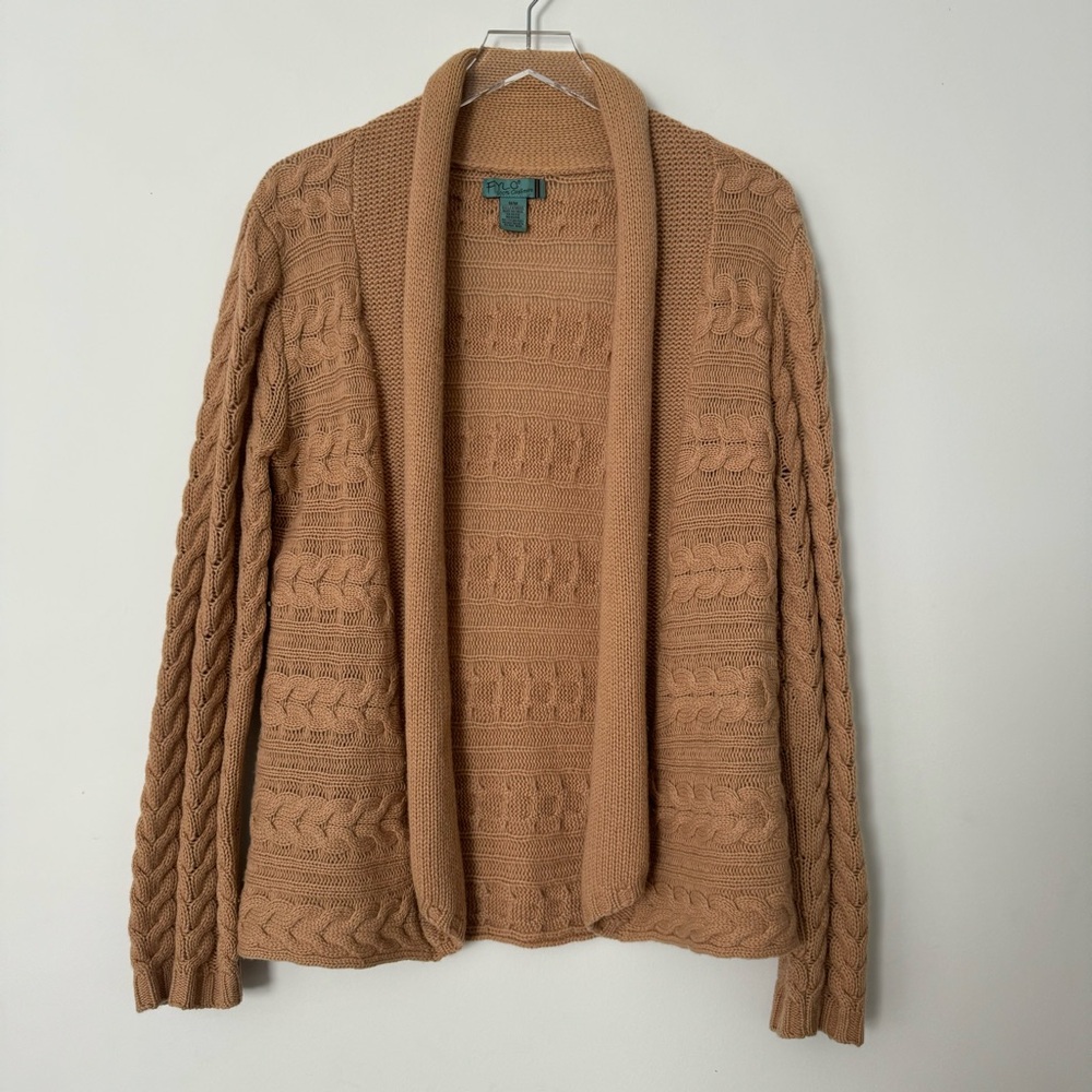 Fylo 100% Cashmere Cardigan Sweater Womens Medium Beige Cable Knit Boho Open